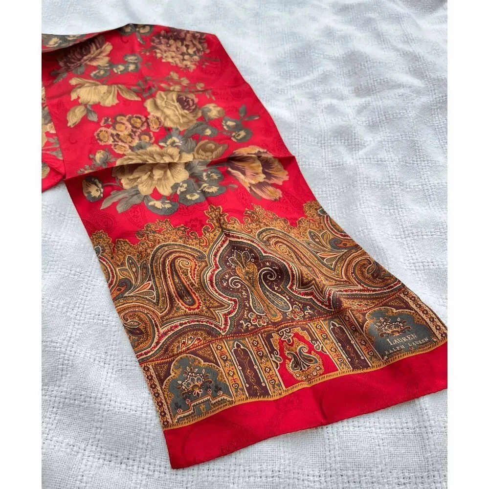 Lauren Ralph Lauren Silk Paisley Floral Scarf Red Equestrian Old Money